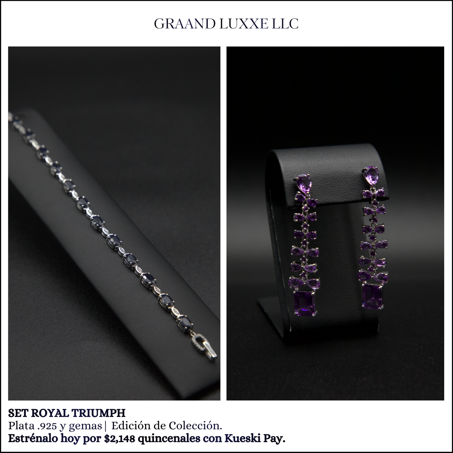 SET ROYAL TRIUMPH | Aretes Amethyst + Brazalete Sapphire (.925)
